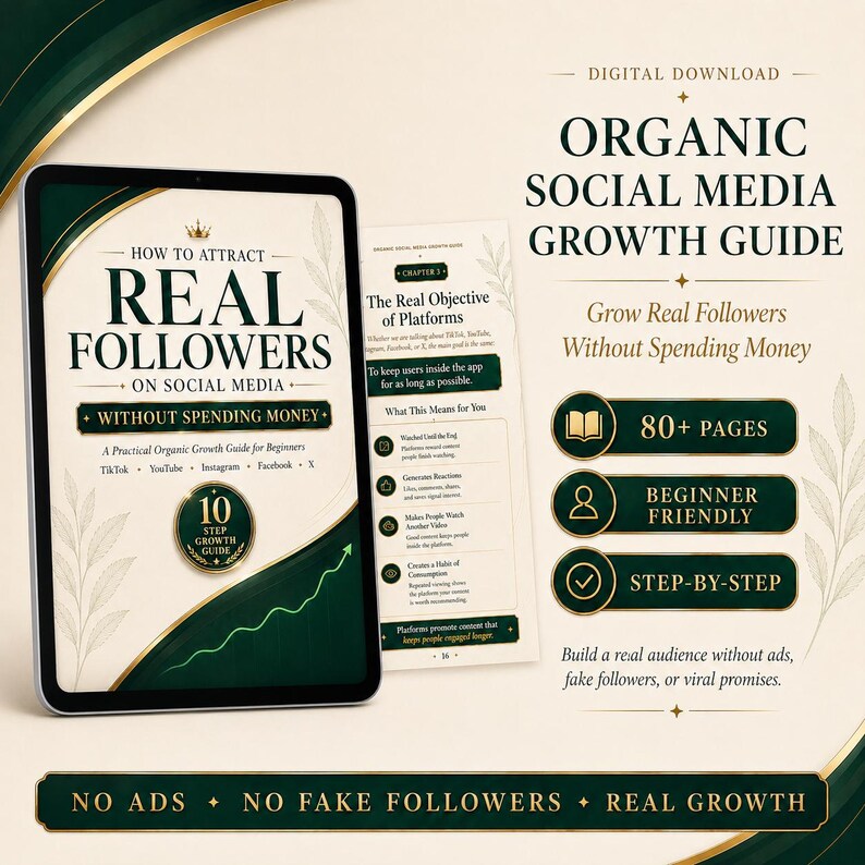 May include: A digital download titled "Organic Social Media Growth Guide" with the text "How to Attract Real Followers on Social Media Without Spending Money." The guide includes 80+ pages, is beginner-friendly, and step-by-step.