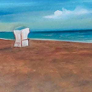 Original Ölgemälde „Stille am Meer“, Nordsee Strandszene mit Stühlen, Handgemacht auf Leinwand, 70 x 30 cm