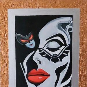 70x50 cm Original Oil Painting Mysterious Masked Woman, Bold Red Lips, Abstract Face Art