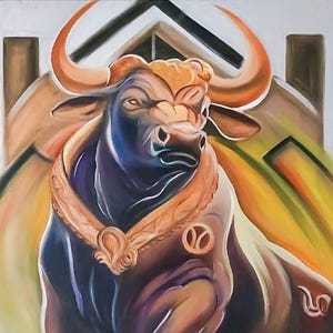 100x70 cm Original Oil Painting “Force of the Bull”, Symbolic Animal Energy, Handmade Powerful Canvas Art for Modern Interiors