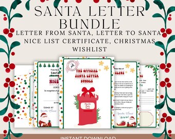 Pode incluir: Um conjunto de artigos de papelaria com tema natalino, incluindo cartas de e para o Papai Noel, um certificado da Lista de Bons e uma lista de desejos de Natal. O design apresenta uma ilustração de caixa postal vermelha do Pólo Norte e o texto "Santa Letter Bundle".