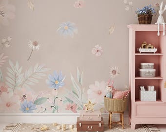 Pastellblommig barnrumstapet, mjuk akvarellblommig väggmålning, neutral babyrumsdekoration för flickor