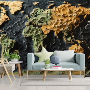 May include: A living room with a large, textured world map mural in shades of gold, green, and black. A light blue sofa with decorative pillows, a wooden coffee table, and a side chair complete the space. A floor lamp and white dresser are also visible.