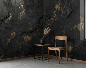 Papier peint texturé or noir, décoration murale abstraite de luxe en plâtre, décoration murale moderne effet pierre
