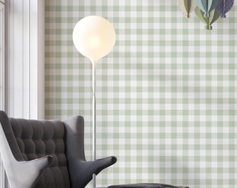 Sage Green Gingham Wallpaper, Checkered Nursery Mural, Neutral Kids Room Wallpaper