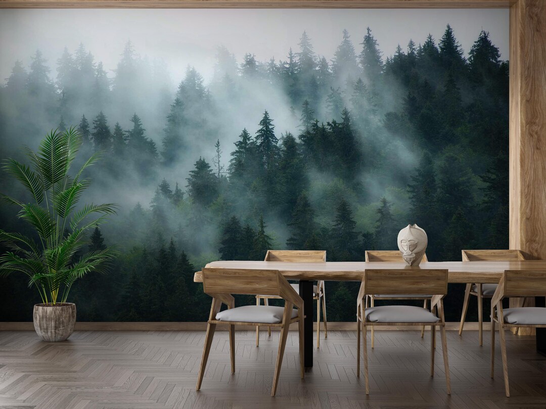 Misty Forest Wallpaper Mural Moody Pine Tree Landscape - Etsy