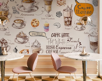 Mural de papel pintado con temática de café, pared de cocina de cafetería, papel pintado con ilustración vintage