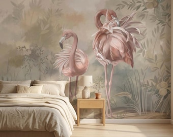 Pink Flamingo Wallpaper Wall Mural, Tropical Botanical Peel and Stick Accent Decor