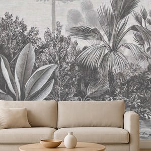 Vintage Tropical Jungle Wallpaper, Black and White Botanical Wall Mural, Palm Tree Engraving Art, Removable Peel and Stick