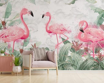 Tropical Flamingo Wallpaper Mural: Peel and Stick Jungle Wall Art