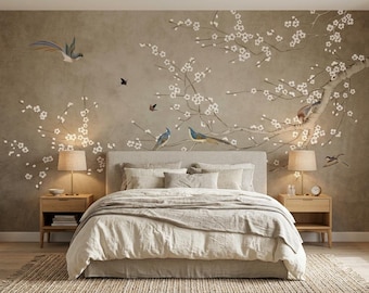 Chinoiserie Wallpaper, Cherry Blossom Bird Wall Mural, Asian Floral Decor Peel and Stick