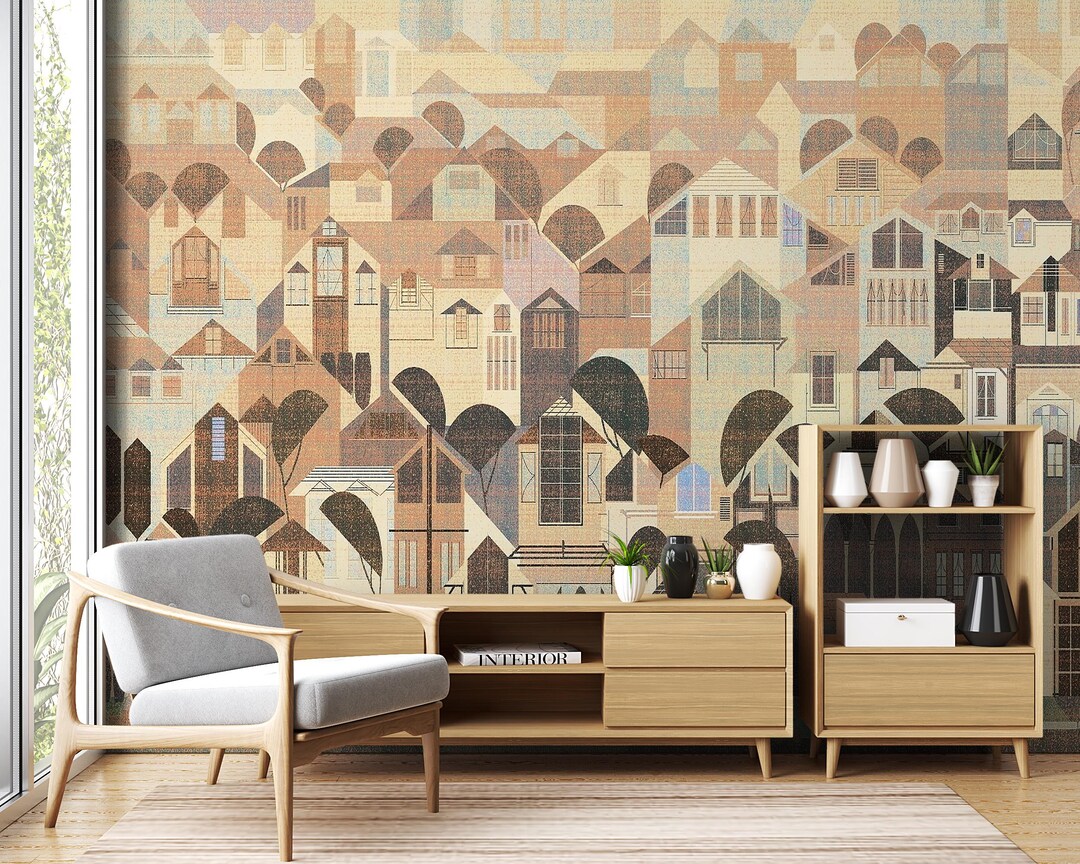 Geometric City Houses Wallpaper Mural Abstract Neighborhood Art - Etsy