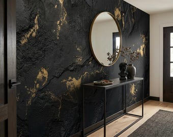 Papier peint luxueux en marbre noir veiné d'or