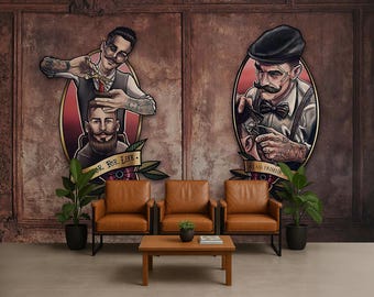 Art mural barbier vintage – Poster de salon de coiffure rétro | Décoration classique pour la coupe de cheveux et le rasage de style tatouage