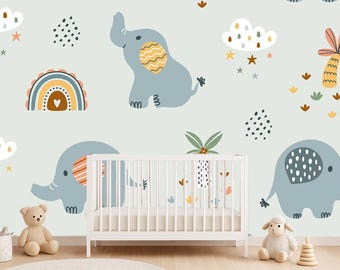 Elephant Nursery Wallpaper – Rainbow, Cloud Peel and Stick Mural