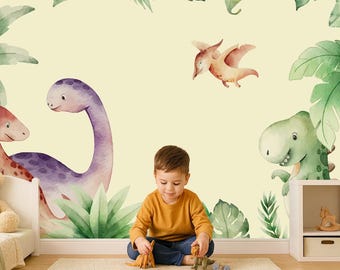Dinosaur Wallpaper Mural, Kids Room Wall, Watercolor Dino Nursery Wallpaper