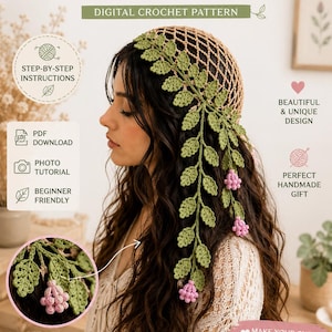 Crochet Hair Snood Pattern PDF, Leafy Vine Hair Net, Boho Wedding Hair Accessory,Boho Leaf headscarf,,Diy Bandana,Summer Kerchief Tutorial