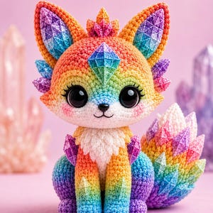 May include: A crocheted fox figurine featuring a vibrant rainbow gradient of yarn colors. The creature has large black eyes, a white muzzle, and is adorned with multiple three-dimensional, geometric crystal-like accents in shades of blue, purple, and orange on its ears, forehead, chest, legs, and bushy tail.