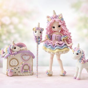 May include: A collection of handmade crochet unicorn-themed items. Includes a doll with pink hair and a floral crown, a unicorn figurine, a house, and a staff. The items feature pastel colors and intricate details, perfect for a child's room or nursery.