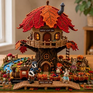 Herbst Ahorn Blatt Baumhaus Häkelanleitung PDF, Waldtier Häkelanleitung, Feen Waldhaus,Amigurumi Fuchs Kaninchen Dachs,Kinderzimmer Dekor