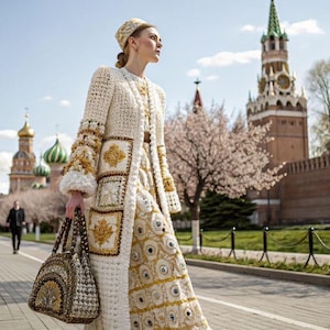 Könnte beinhalten: Eine Frau trägt einen cremefarbenen Häkelmantel, ein Kleid und einen Hut und trägt eine passende Handtasche. Der Mantel hat gold- und braun gestickte Details. Im Hintergrund eine Stadtstraße und Gebäude mit Zwiebeltürmen.