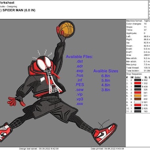 May include: A black and red Spider-Man character with a white spider web design on his chest is jumping in the air while holding a basketball. The character is wearing a black and red jacket, black shorts, and red and black sneakers. The image includes a chart with color codes and names.