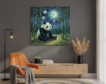Lienzo estampado de panda – Arte mural de bosque de bambú – Decoración zen para el hogar con temática de vida silvestre