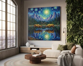 Lienzo de ciervo de la Montaña Estrellada – Lámina decorativa de ciervo para pared – Decoración inspirada en la naturaleza y la vida silvestre