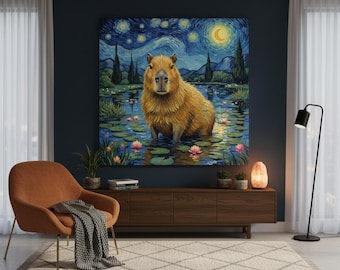 Lienzo impreso de capibara – Obra de arte de nenúfar tranquilo – Decoración de pared de vida silvestre pacífica