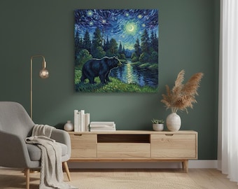 Lienzo Oso Bosque Estrellado – Impresión artística de animales del cielo nocturno – Decoración para el hogar inspirada en la naturaleza