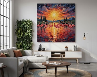 Lienzo estampado de flamencos – Arte de pared con atardecer en el lago – Decoración tropical para el hogar con aves