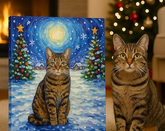 Retrato navideño personalizado de tu gato: lienzo festivo hecho a medida con tu foto