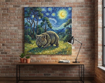 Lienzo de wombat australiano – Obra de arte del cielo nocturno del Outback – Arte mural de fauna autóctona