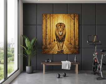 Lienzo con león inspirado en Gustav Klimt – Arte mural Bosque Dorado – Decoración de lujo para el hogar