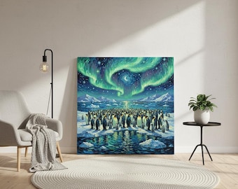Lienzo Pingüino Aurora – Impresión artística de la Aurora Boreal – Decoración de pared de fauna antártica