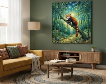 Lienzo de panda rojo encantado – Arte mural de bosque de bambú – Impresión de animales salvajes