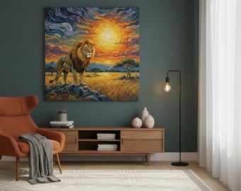 Lienzo impreso de león – Arte de pared de safari al atardecer – Decoración para el hogar con fauna africana
