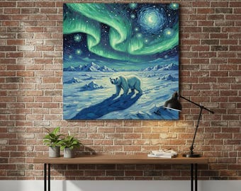 Lienzo impreso de oso polar – Arte mural de aurora boreal – Decoración para el hogar con fauna ártica