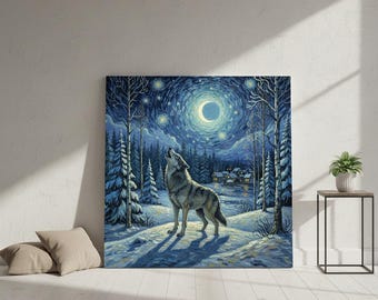 Lienzo Lobo Noche Estrellada – Impresión artística de animales de invierno – Decoración de pared de bosque iluminado por la luna