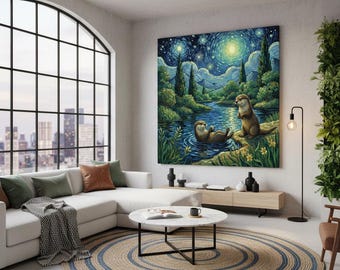 Lienzo estampado de nutria – Obra de arte Río Estrellado – Decoración de pared con temática de vida silvestre