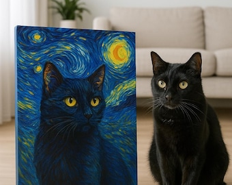 Retrato personalizado de tu mascota inspirado en La noche estrellada – Lienzo artístico a partir de tu foto