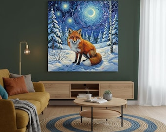 Lienzo con estampado de zorro – Arte mural de bosque invernal – Decoración para el hogar con fauna silvestre nevada