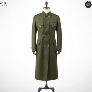 Men&#39;s Green Wool Blend Military Trench Coat: Gothic Steampunk Overcoat