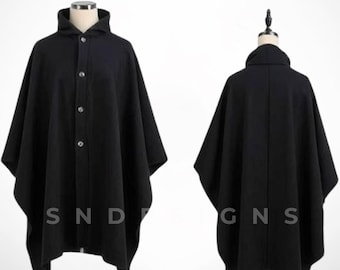 Black Hooded Wool Blend Cape: Gothic Victorian Cloak