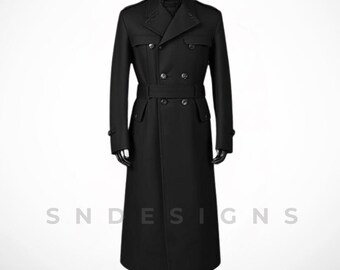 Men's Gothic Black Military Trench Coat Long Double Breasted