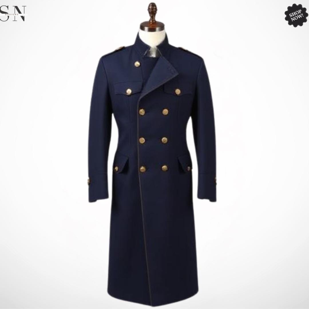 Men's Navy Blue Wool Trench Coat: Military Style Double Breasted