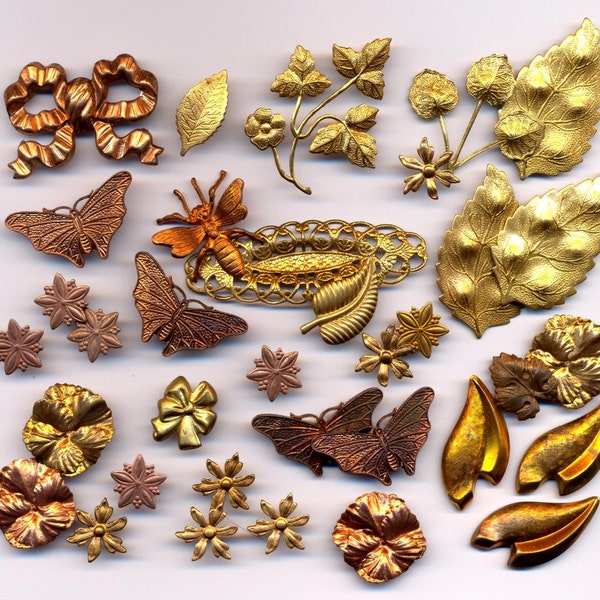 35 Assorted Antique and Vintage Brass Insect and Leaf Stampings