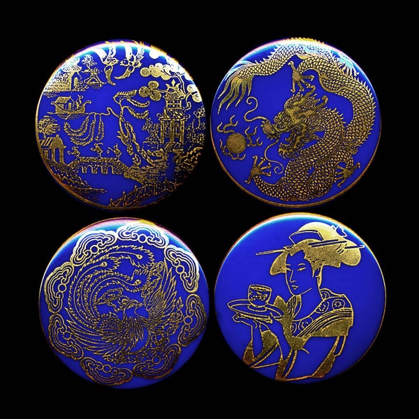Rare Set of 4 XLG Czech Cobalt Glass Buttons Asian Art Geisha Dragon Phoenix Willow 24K Gold