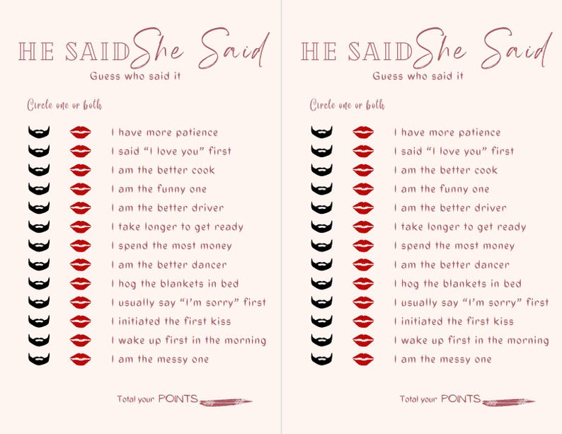 He Said She Said| Printable Bridal Shower Game| Party Game ...