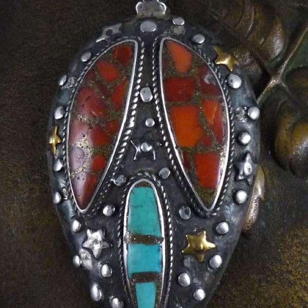 Vintage Tibetan Turquoise and Red Coral with Sterling Silver Pendant